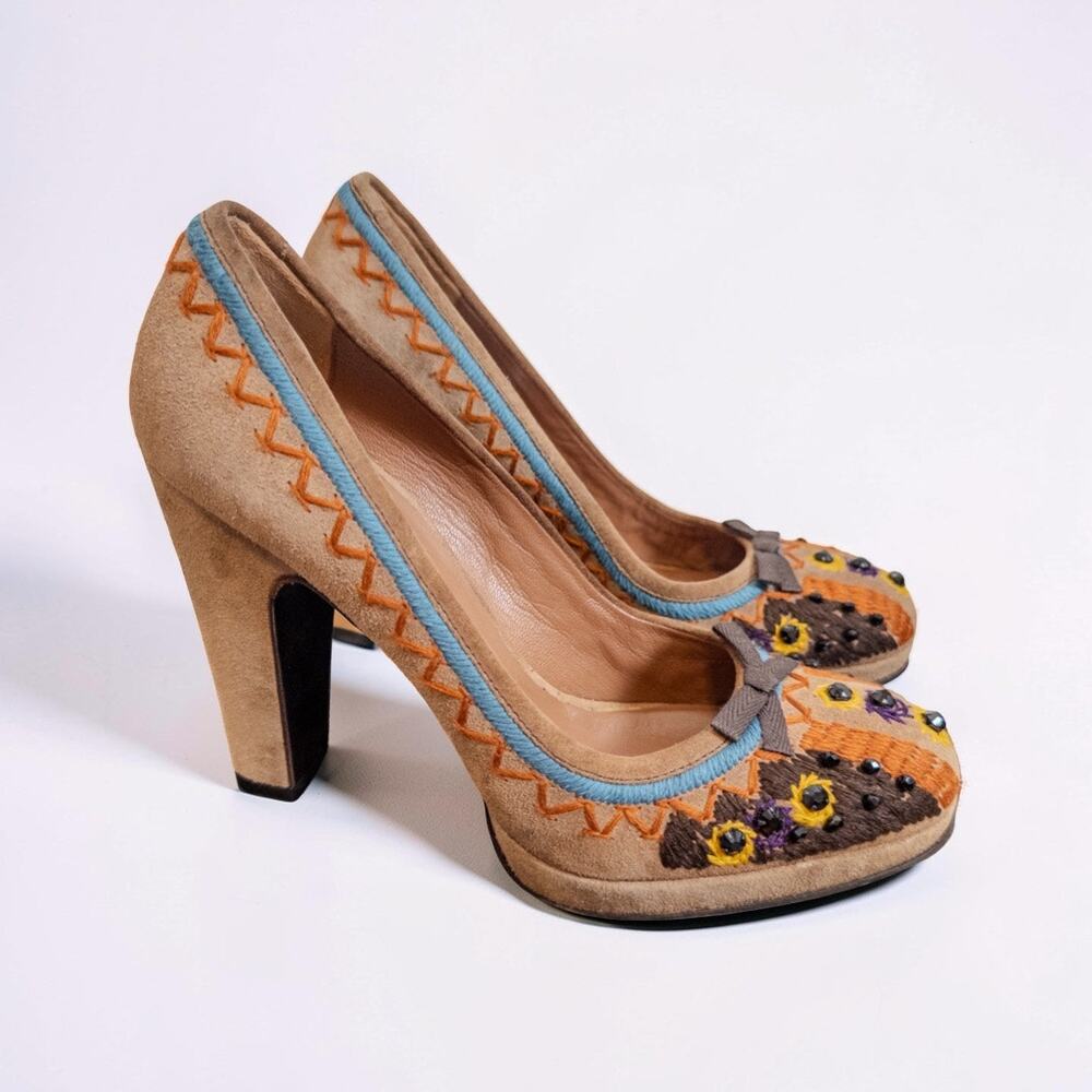 Y2K Miu Miu Boho Embroidered Studded Suede Platform Pumps Heels EU 38.5